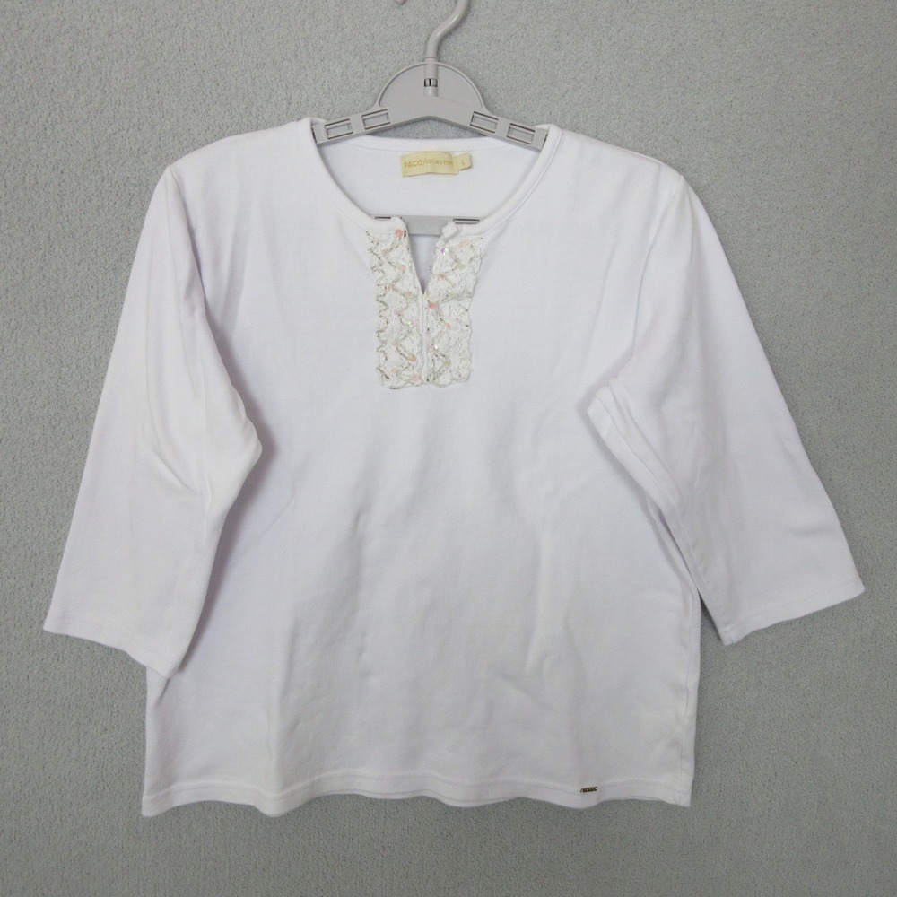 PACO Collection White Embellished 3/4 Sleeve Top Women's Large